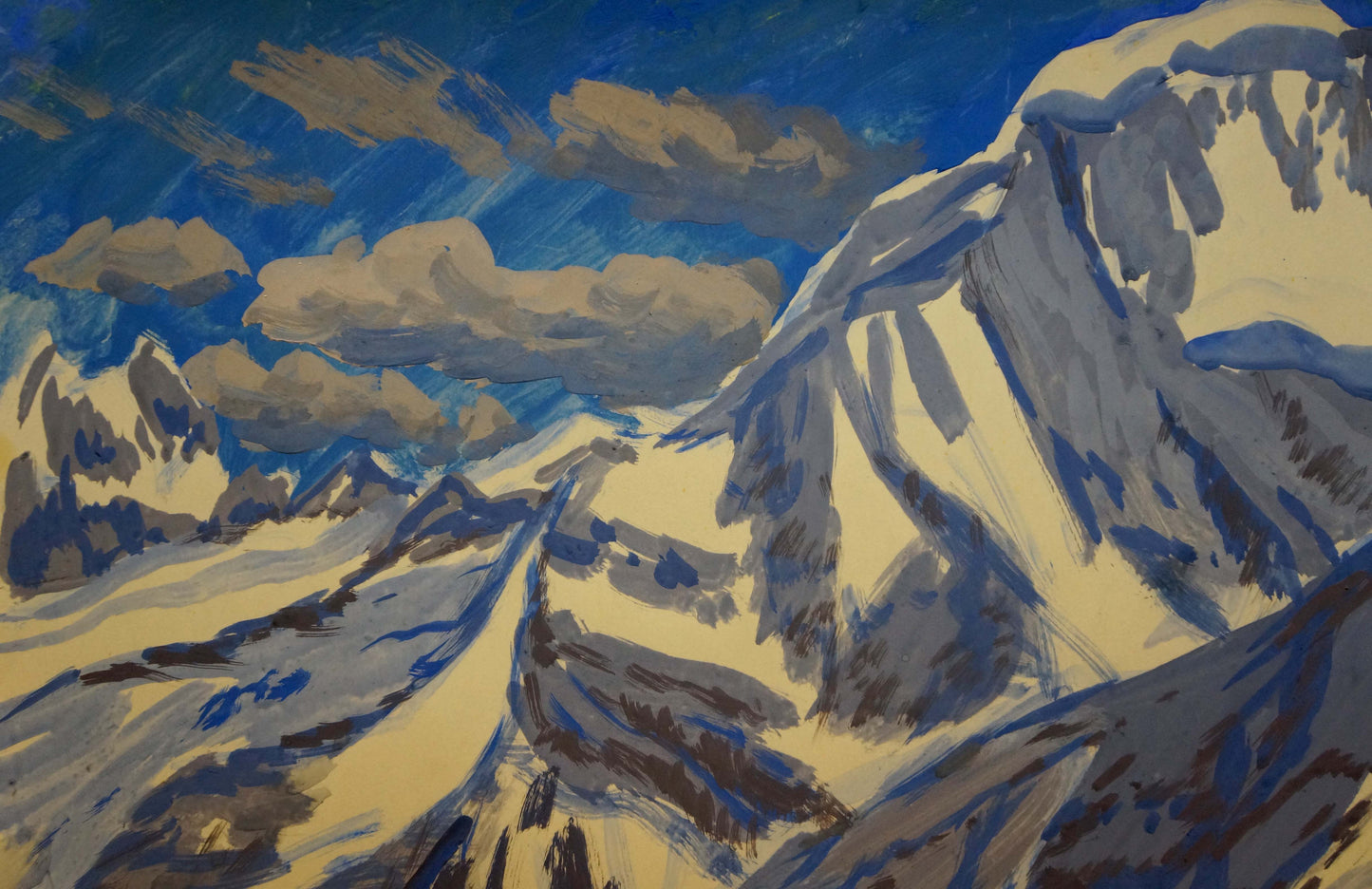 Vibrant tempera painting of snow-capped mountain landscape under blue sky