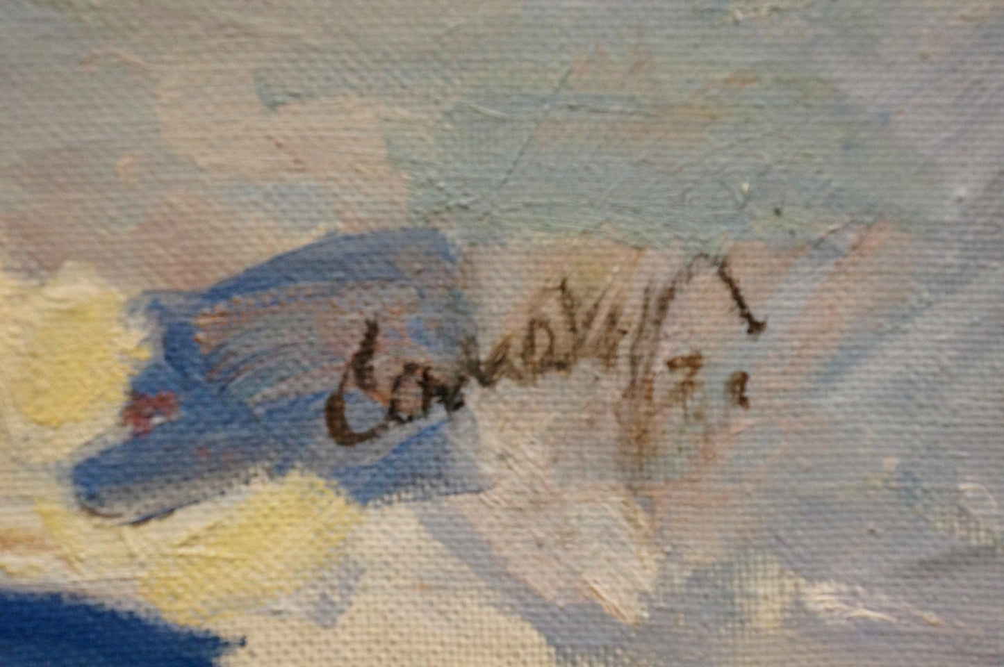 Back of Oil painting Winter landscape Samokhvalov A.N. with dark brown ink signature on textured blue and yellow canvas