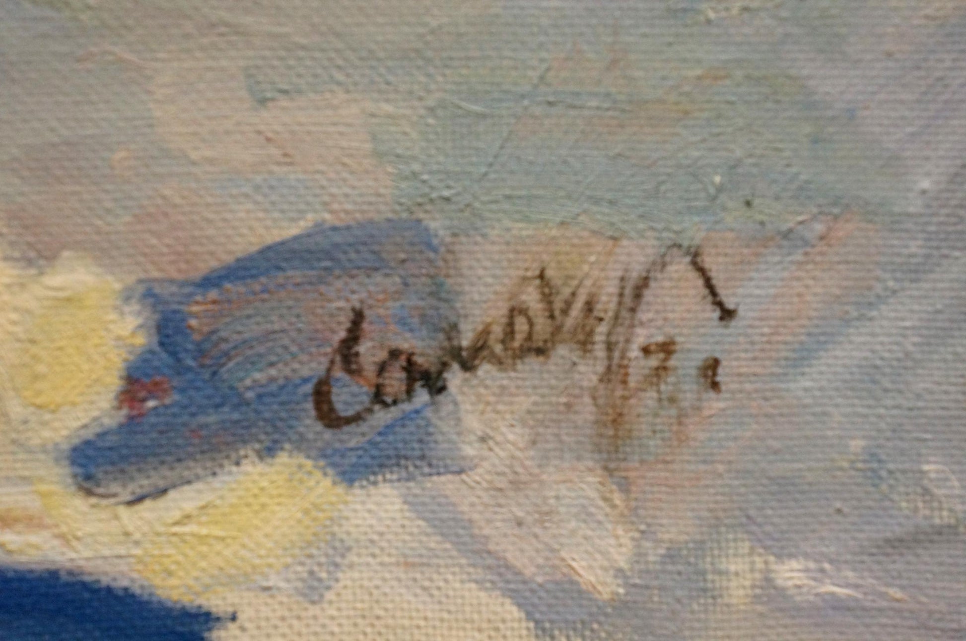 Back of Oil painting Winter landscape Samokhvalov A.N. with dark brown ink signature on textured blue and yellow canvas