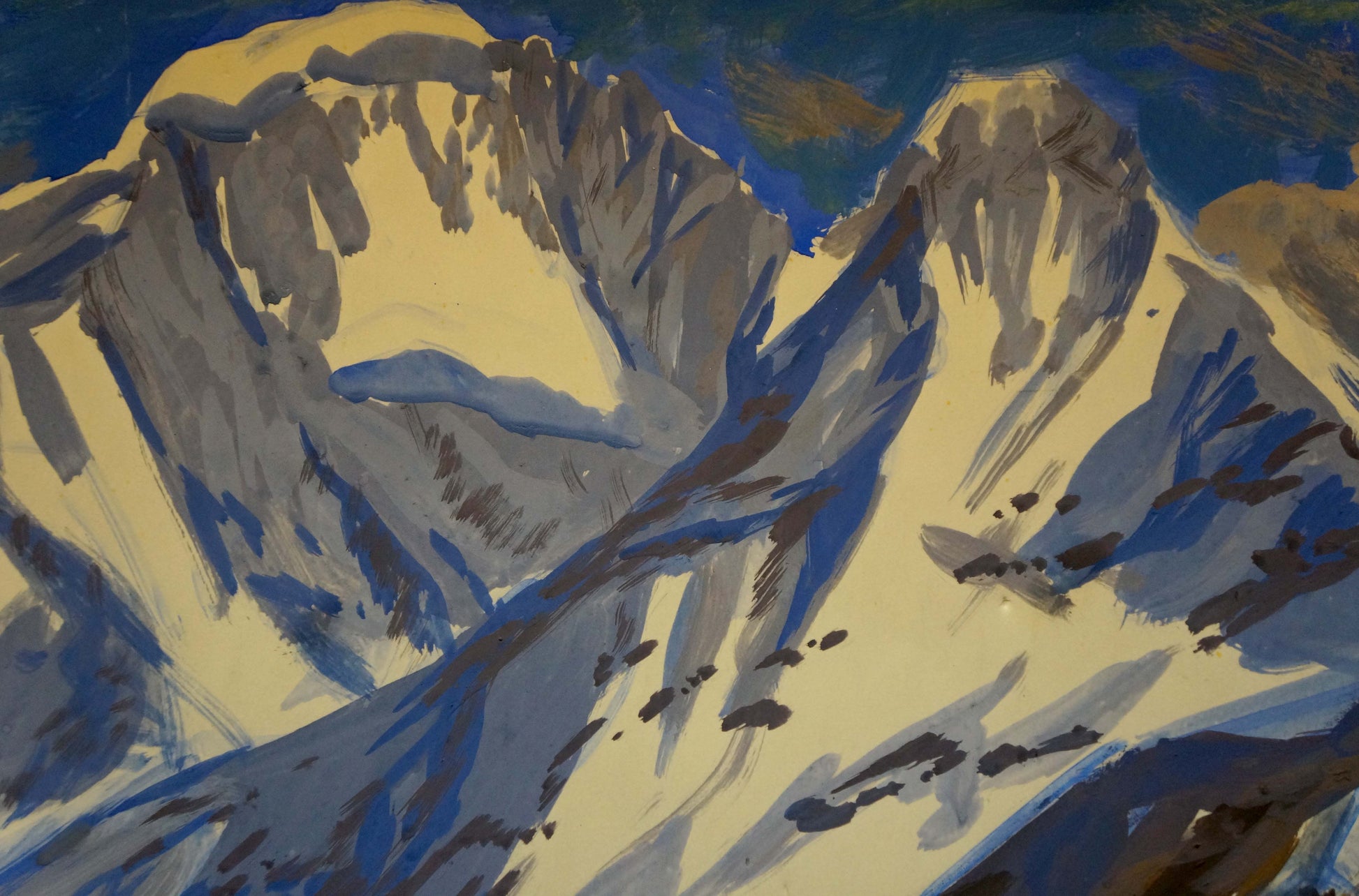 Vibrant tempera painting of yellow and blue snow-capped mountains