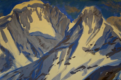 Vibrant tempera painting of yellow and blue snow-capped mountains