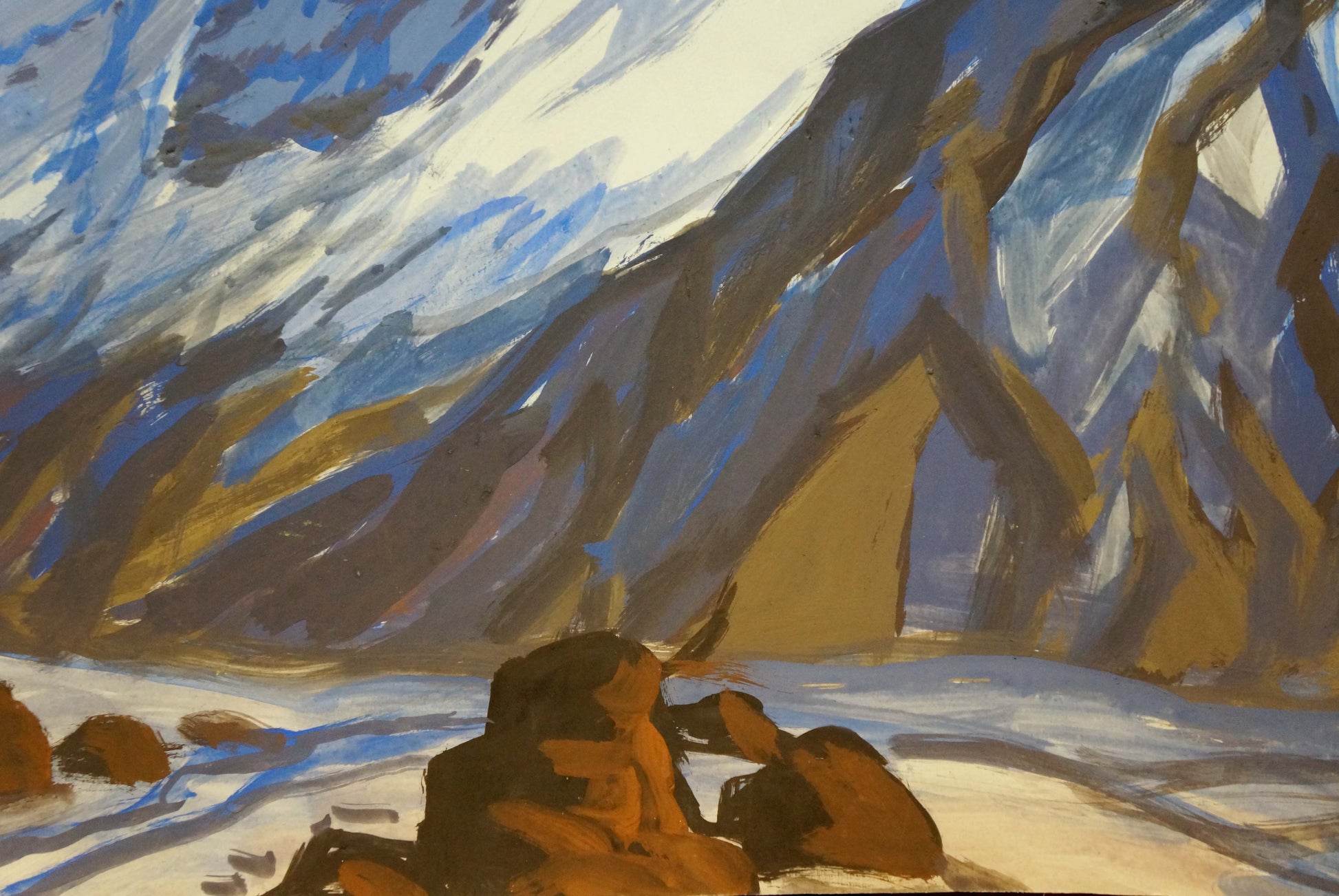 Tempera painting of stylized blue white brown mountain landscape
