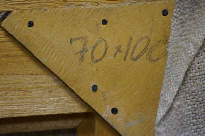 Back of Samokhvalov A.N. winter landscape oil painting on yellow wooden triangular stretcher with black nail heads and handwritten measurements