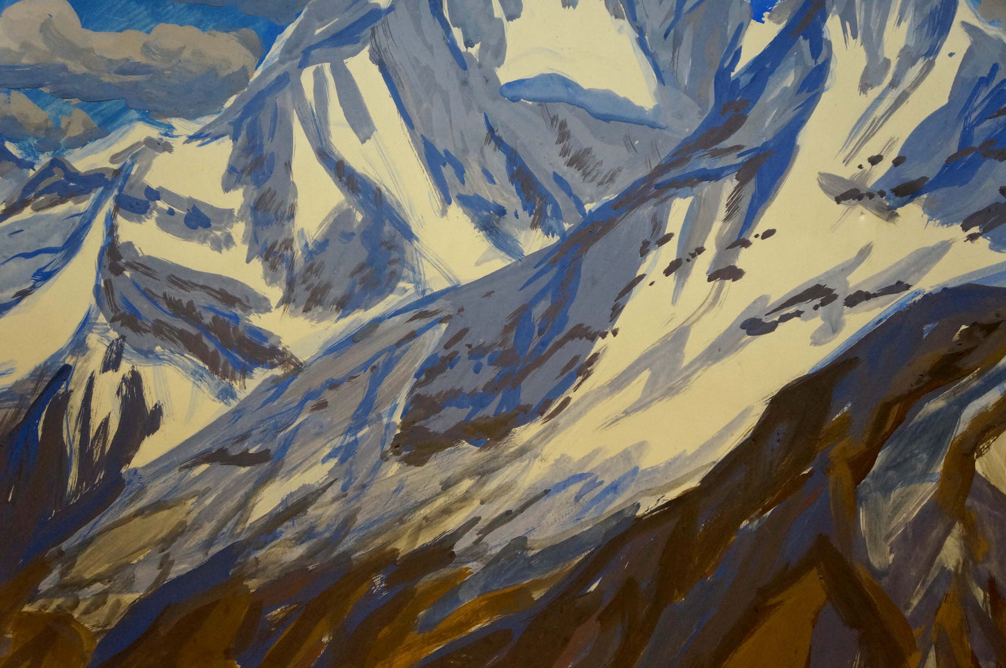 Tempera painting of textured snow-capped mountain landscape