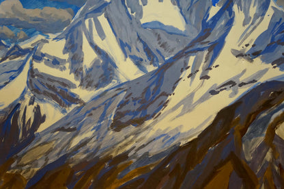 Tempera painting of textured snow-capped mountain landscape