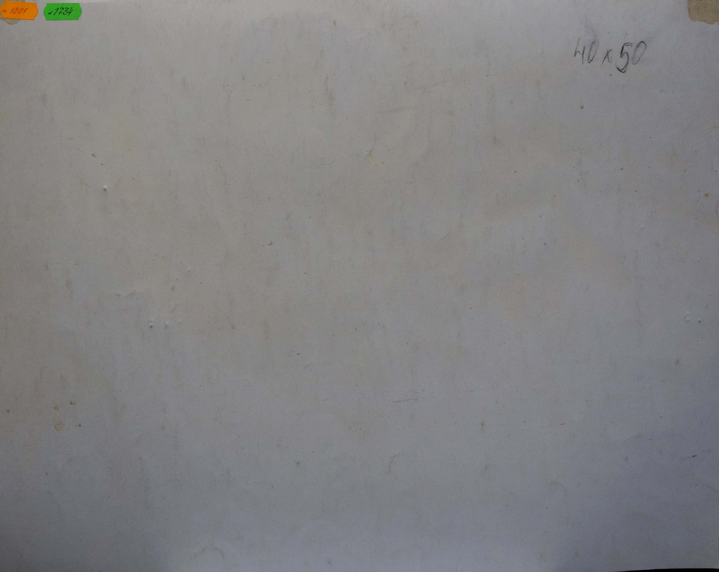 Back of Tempera painting Mountain landscape: off-white paper with handwritten note