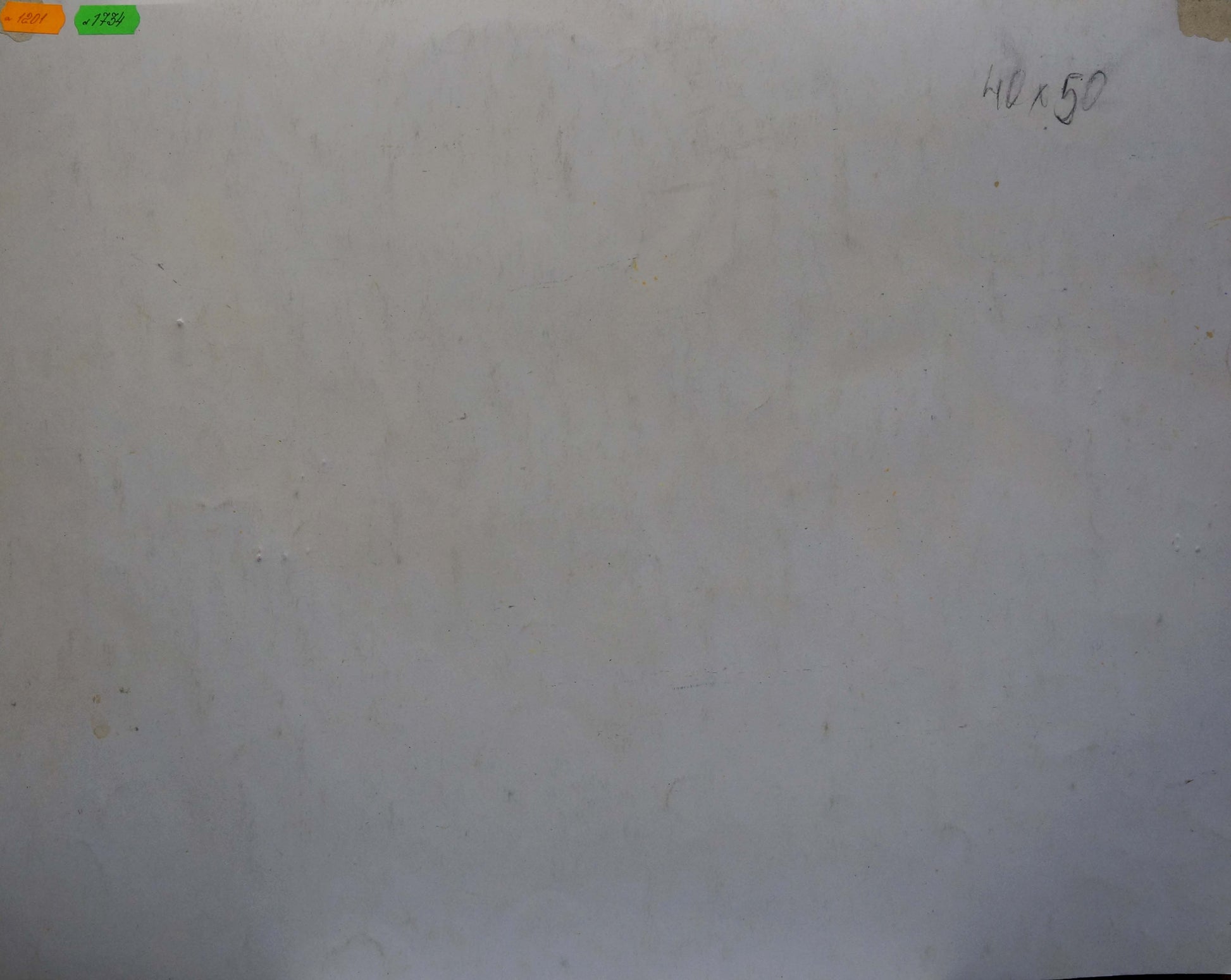 Back of Tempera painting Mountain landscape: off-white paper with handwritten note