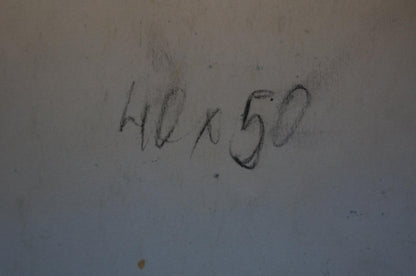 Handwritten 40 x 50 on wall behind Tempera painting Mountain landscape