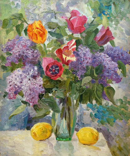 Oil painting of lilacs, tulips, and roses in green glass vase