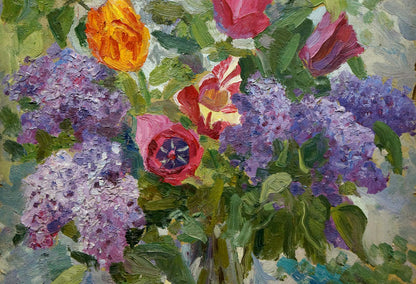 Vibrant oil painting of lilacs, orange tulips, pink poppies on table