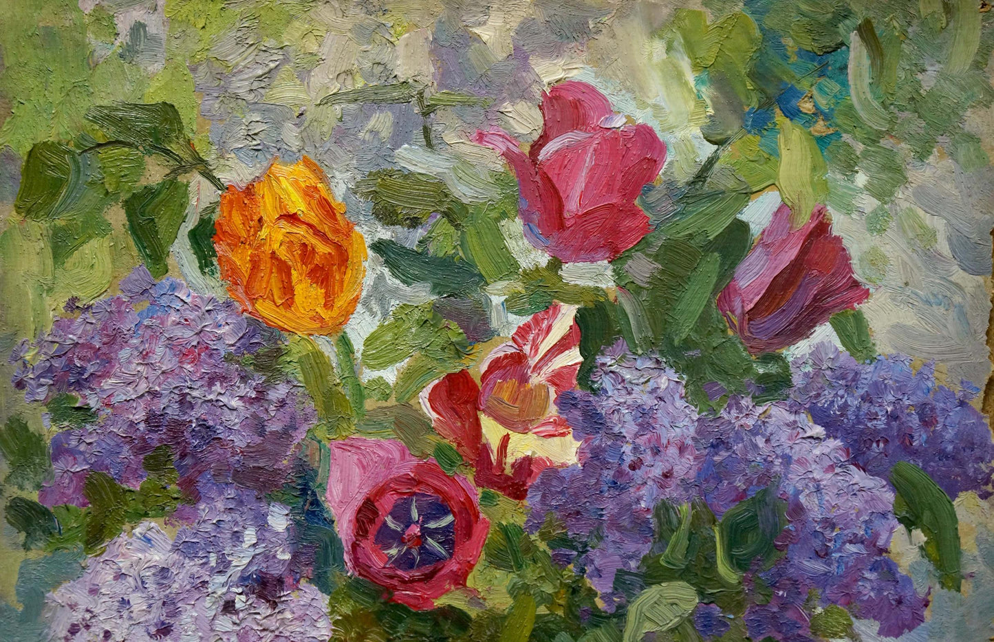 Oil painting of lilacs, tulips on table by unknown artist