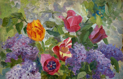 Oil painting of lilacs, tulips on table by unknown artist