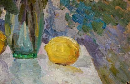 Oil painting of lilacs, tulips, lemon and vase on table by unknown artist