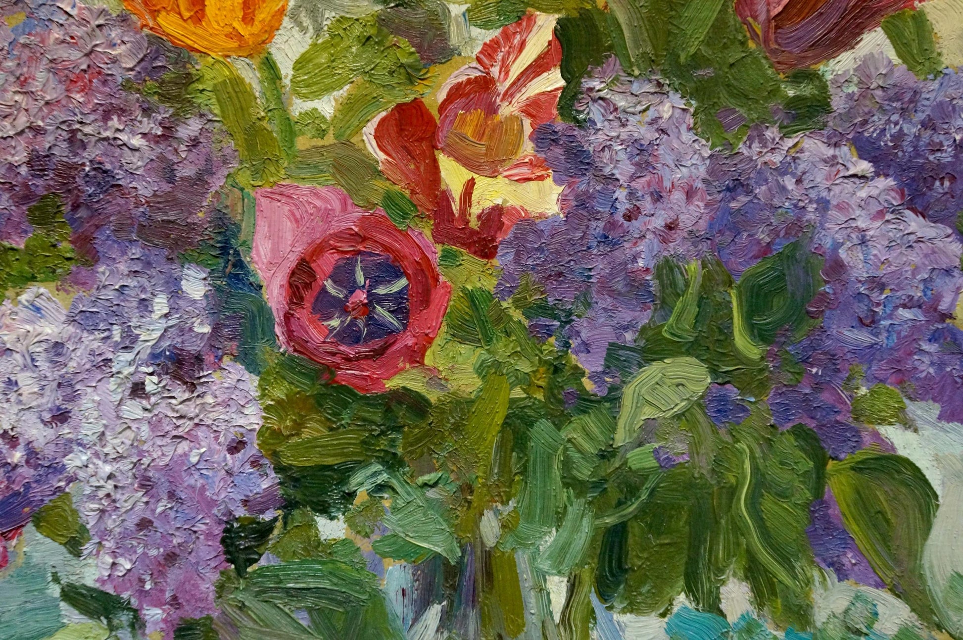 Oil painting of lilacs and tulips on table by unknown artist