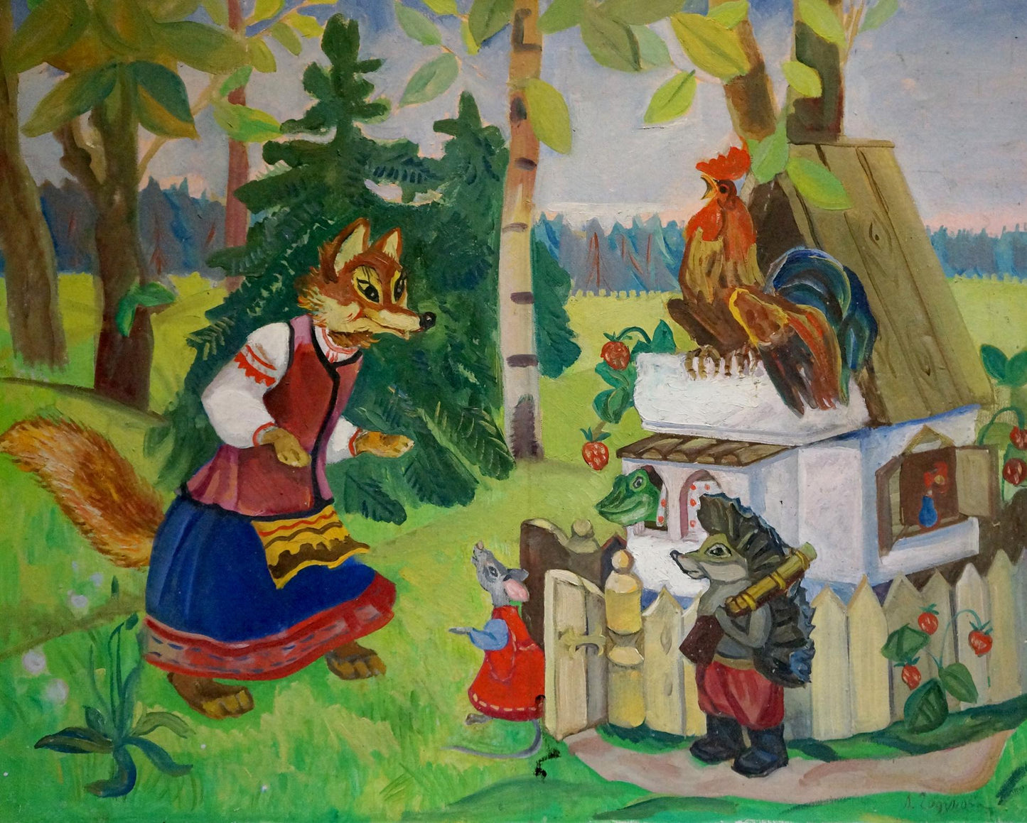 Oil painting by Godunova Larisa Alexandrovna: fox in attire, rooster on house