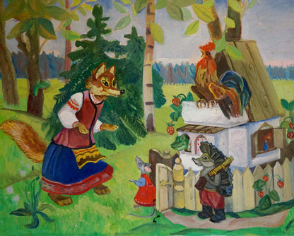 Oil painting by Godunova Larisa Alexandrovna: fox in attire, rooster on house