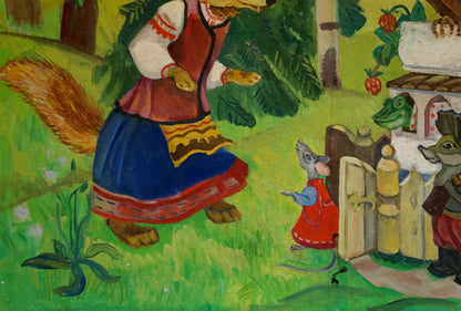 Oil painting by Godunova Larisa Alexandrovna: fox in Slavic folk costume by wooden gate