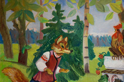 Oil painting of cartoon fox in red vest among trees by Godunova Larisa Alexandrovna