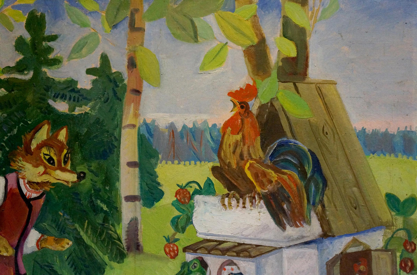 Vibrant stylized rooster oil painting by Godunova Larisa Alexandrovna