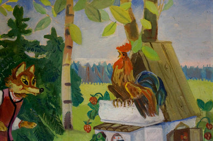 Vibrant stylized rooster oil painting by Godunova Larisa Alexandrovna