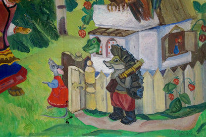 Oil painting by Godunova Larisa Alexandrovna: frog and mouse at gate