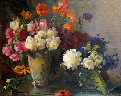 Oil painting of vibrant flowers by Valentin Smirnov in blue ceramic vase