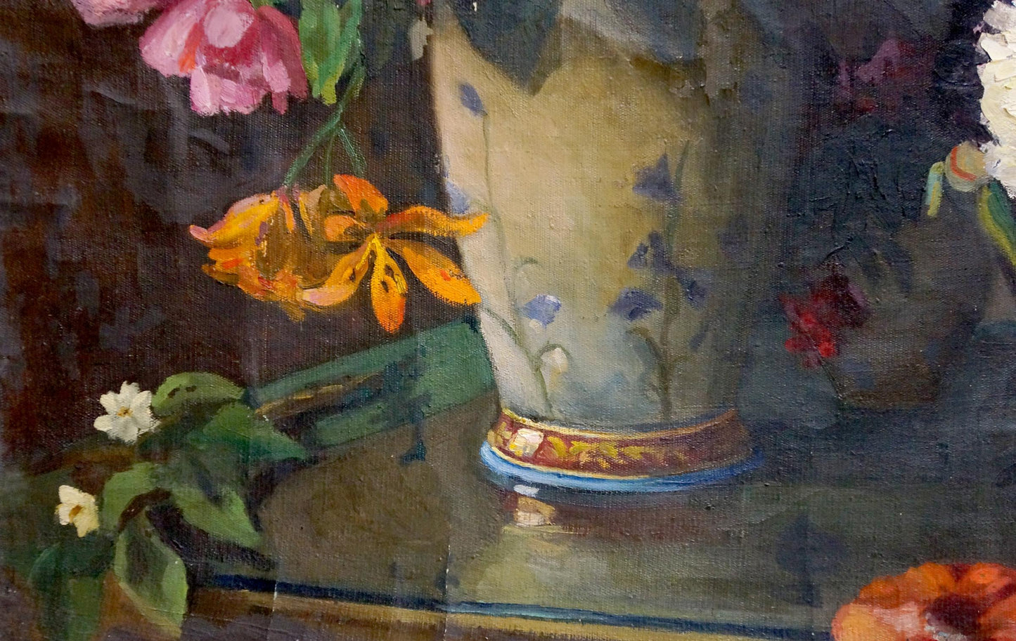 Cream ceramic vase with blue floral patterns, gold base by Valentin Smirnov