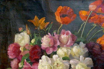 Vibrant Valentin Smirnov oil painting of orange poppies, peonies, roses, lilies