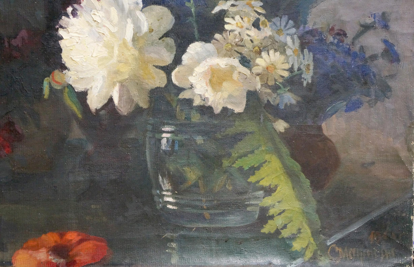 Oil painting by Valentin Smirnov of white peonies, daisies, blue flowers in glass vase
