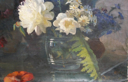 Oil painting by Valentin Smirnov of white peonies, daisies, blue flowers in glass vase