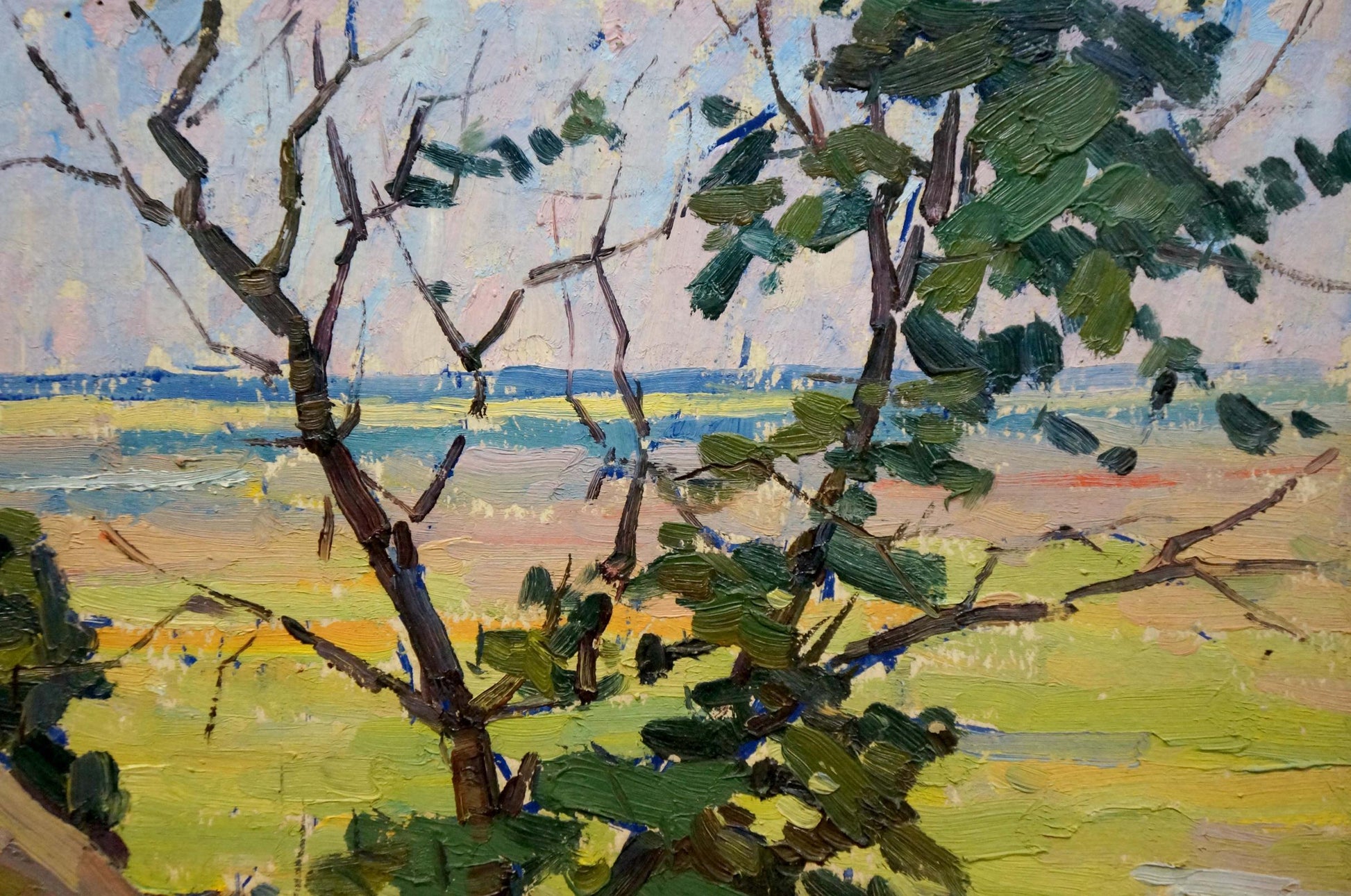 Oil painting by Mordovets Andrey Nikitich: bare branches with green leaves in landscape