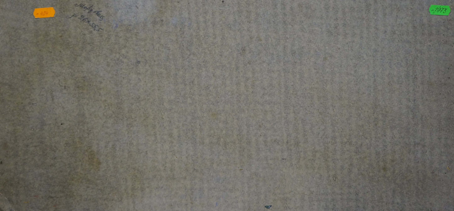 Back of oil painting Landscape Mordovets Andrey Nikitich, textured gray surface with tags