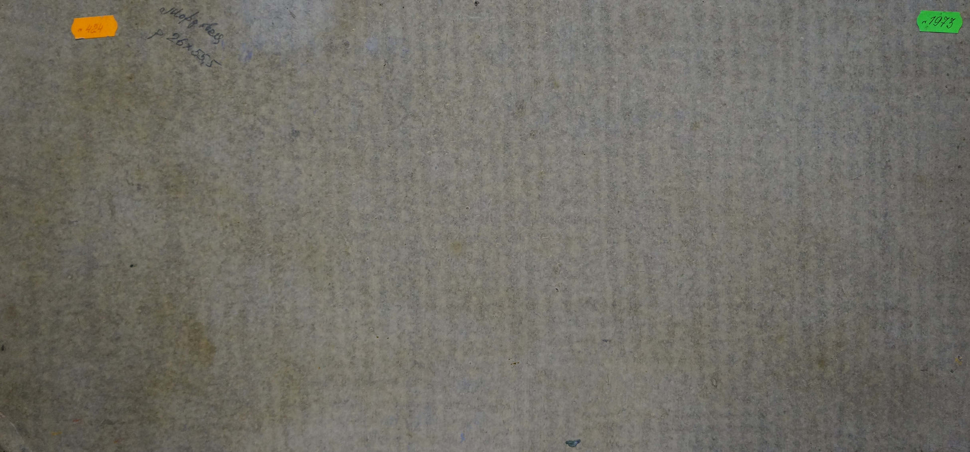 Back of oil painting Landscape Mordovets Andrey Nikitich, textured gray surface with tags