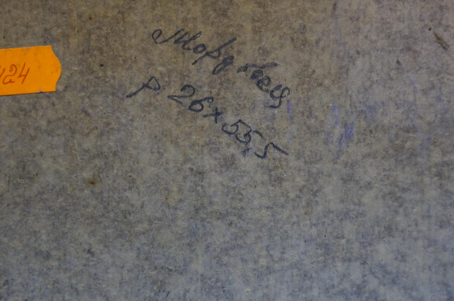 Back of oil painting Landscape by Mordovets Andrey Nikitich with gray textured surface, handwritten markings and orange tag