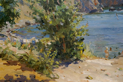 Oil painting by Zatsepina Zinaida Ilyinichna: lush tree on sunlit shore by blue water