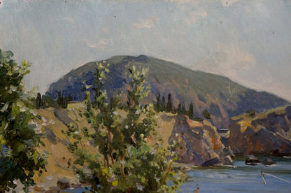 Oil painting by Zatsepina Zinaida Ilyinichna: girls near shore with green mountain