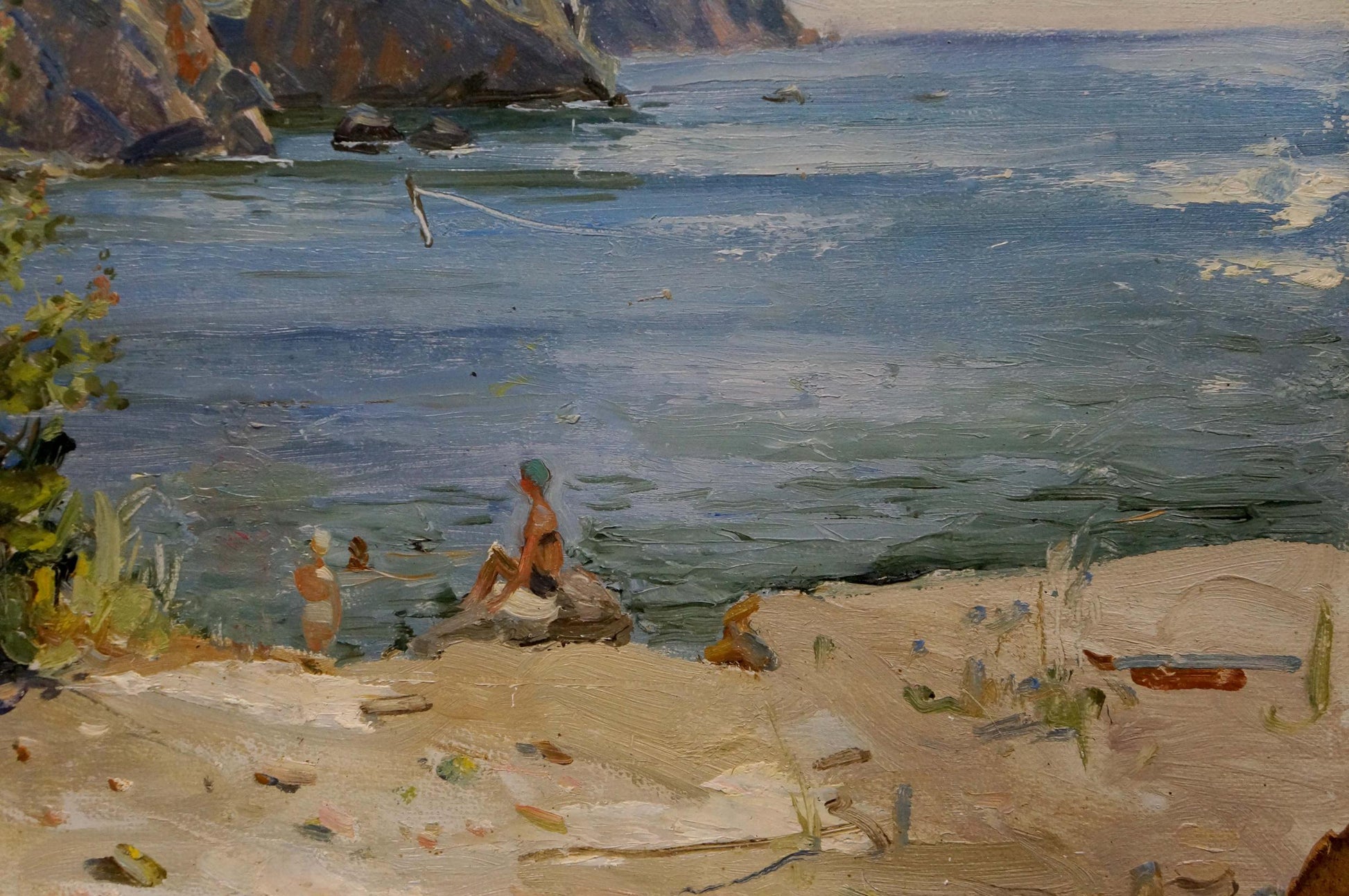 Impressionistic oil painting by Zatsepina Zinaida Ilyinichna: girls near serene coastal shore