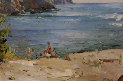 Impressionistic oil painting by Zatsepina Zinaida Ilyinichna: girls near serene coastal shore
