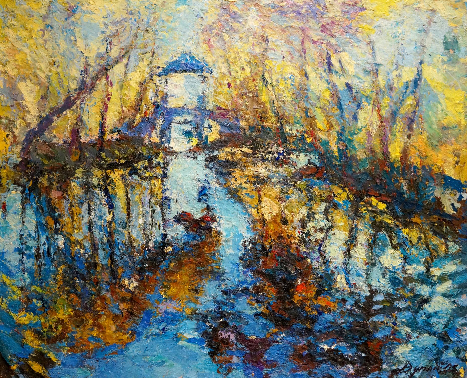 Vibrant impressionist oil painting by Dupliy Sergey Alexandrovich: white house with blue roof reflected in colorful waterway amid autumn trees