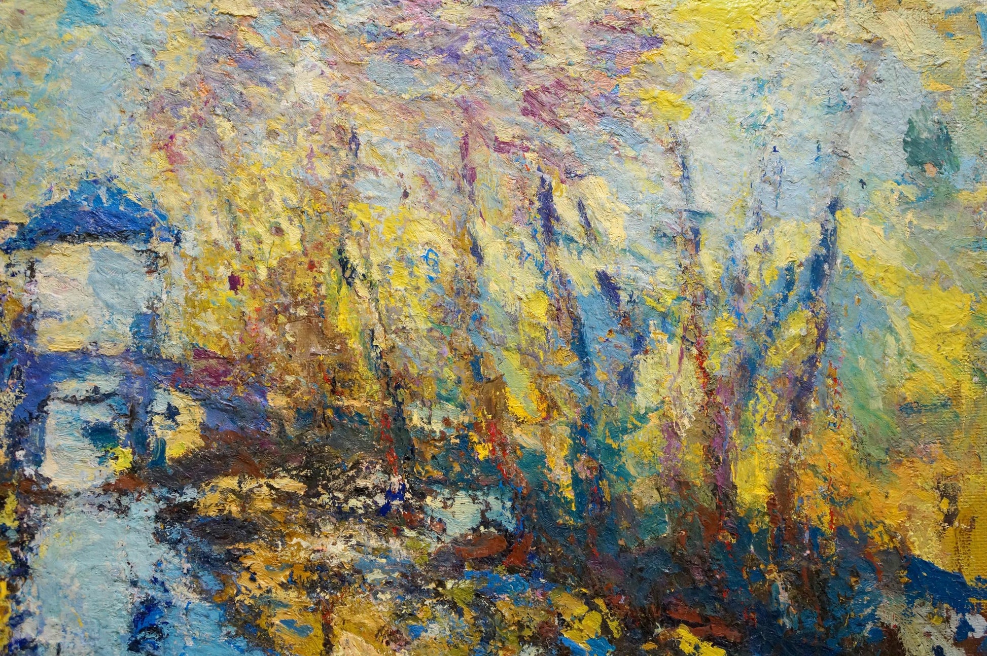 Impressionist oil painting by Dupliy Sergey Alexandrovich: blue-roofed house in vibrant trees