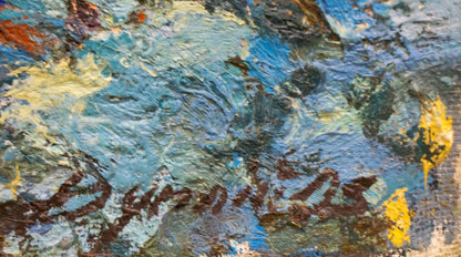 Textured impasto oil painting by Dupliy Sergey Alexandrovich, Mirror landscape with swirling blues and yellows