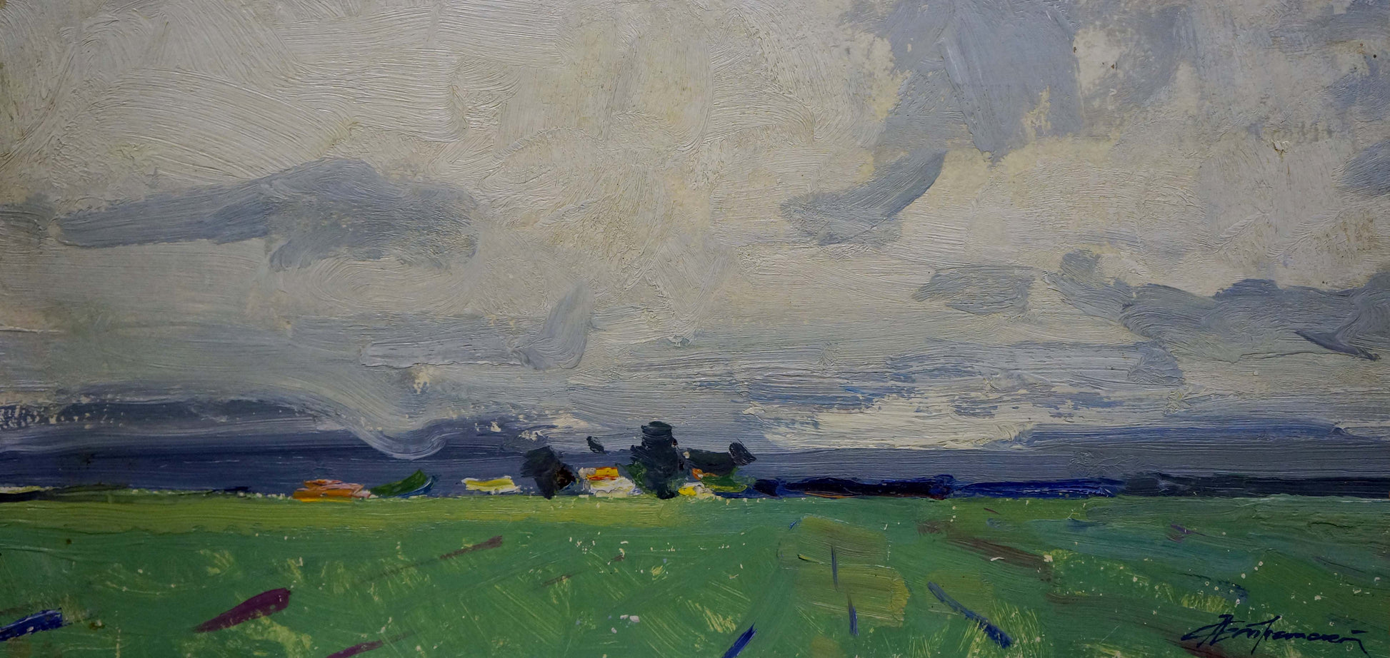 Oil painting Its starting to rain by Stremsky Alexander Ivanovich: vibrant green field under moody sky