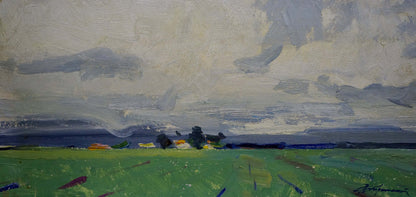 Oil painting Its starting to rain by Stremsky Alexander Ivanovich: vibrant green field under moody sky