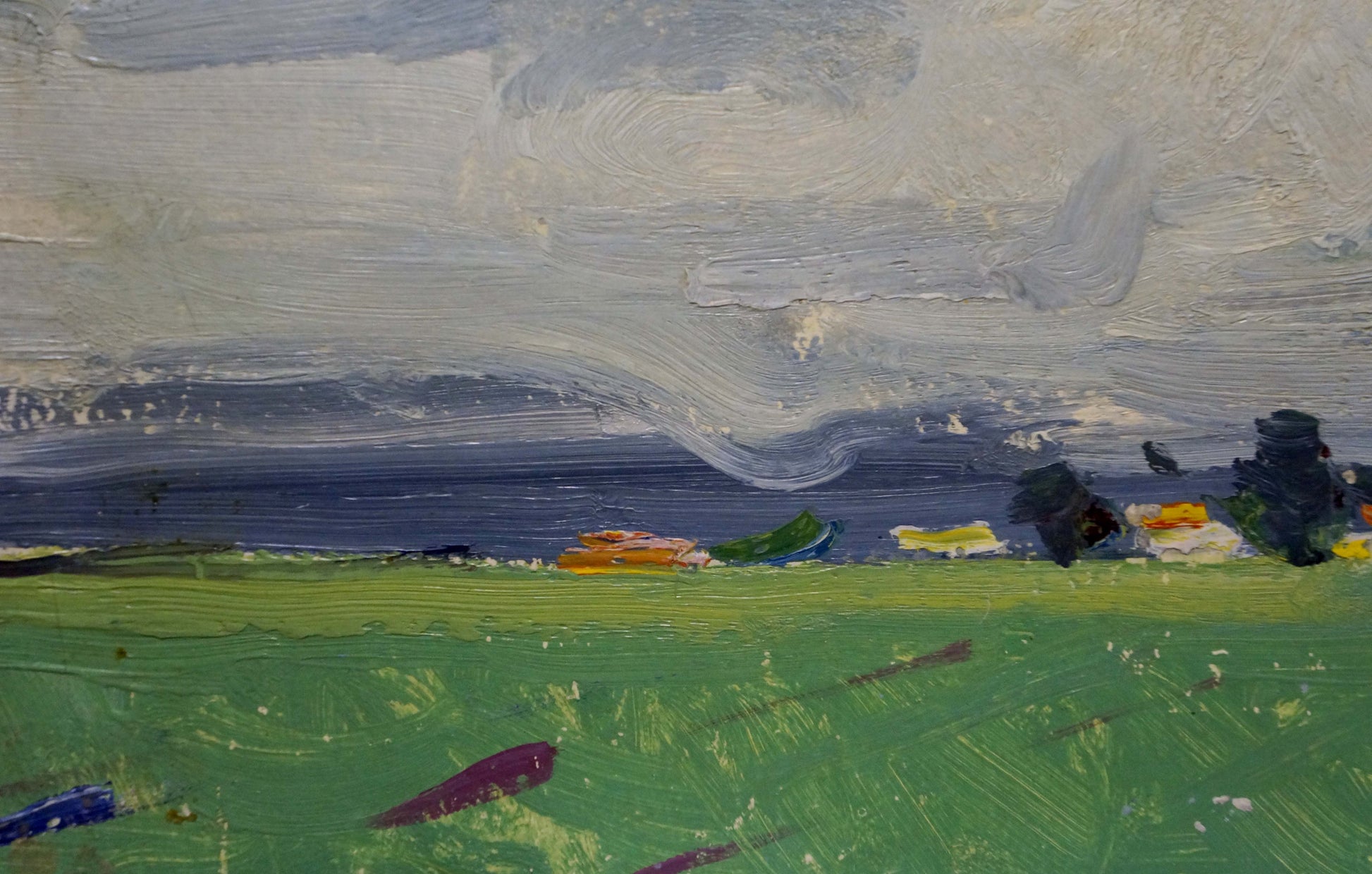 Oil painting Its starting to rain by Stremsky Alexander Ivanovich: green field under cloudy sky
