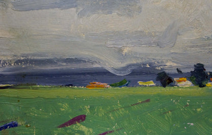 Oil painting Its starting to rain by Stremsky Alexander Ivanovich: green field under cloudy sky