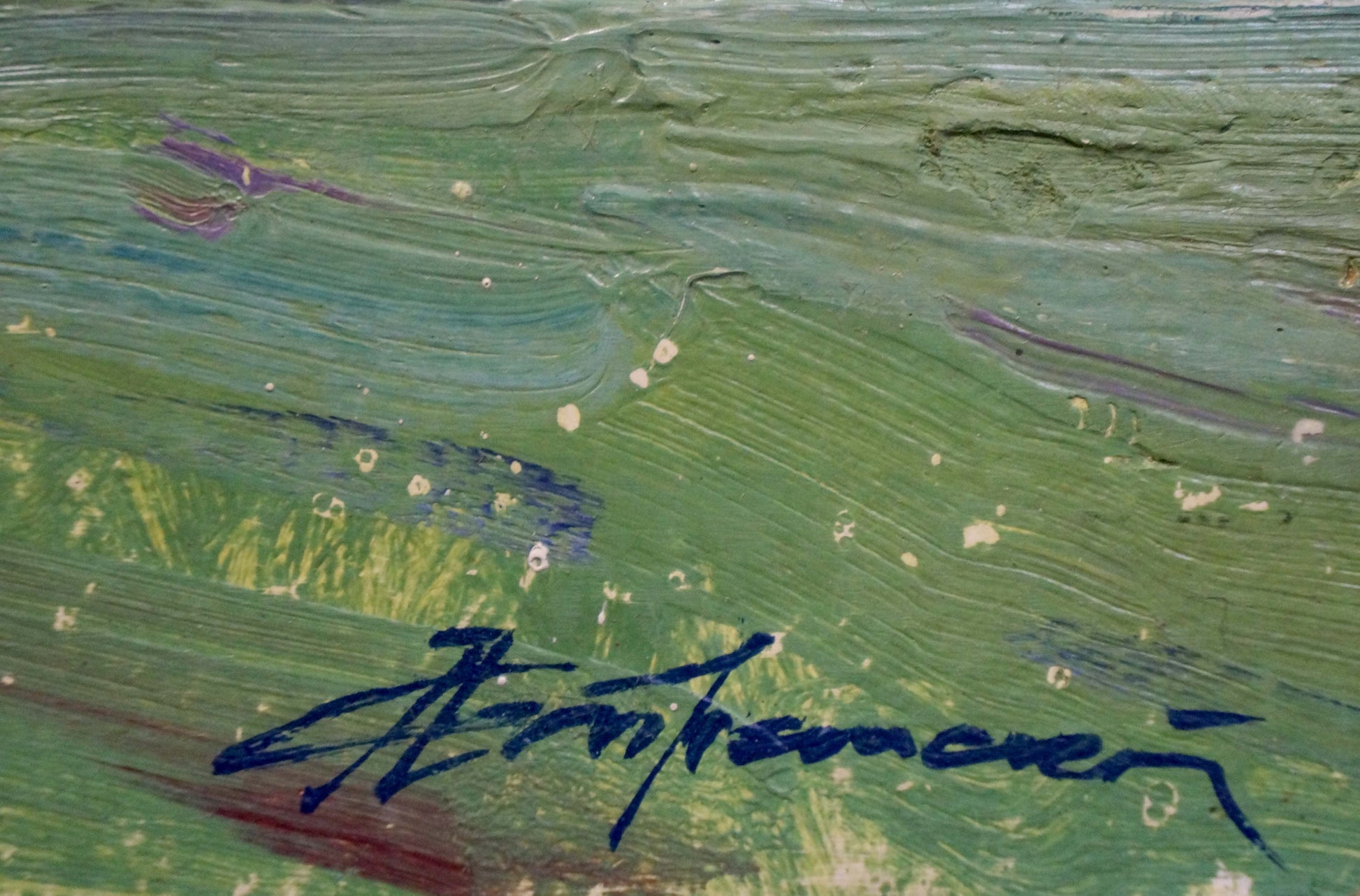 Textured green oil painting Its starting to rain by Stremsky Alexander Ivanovich with visible brushstrokes and blue ink signature
