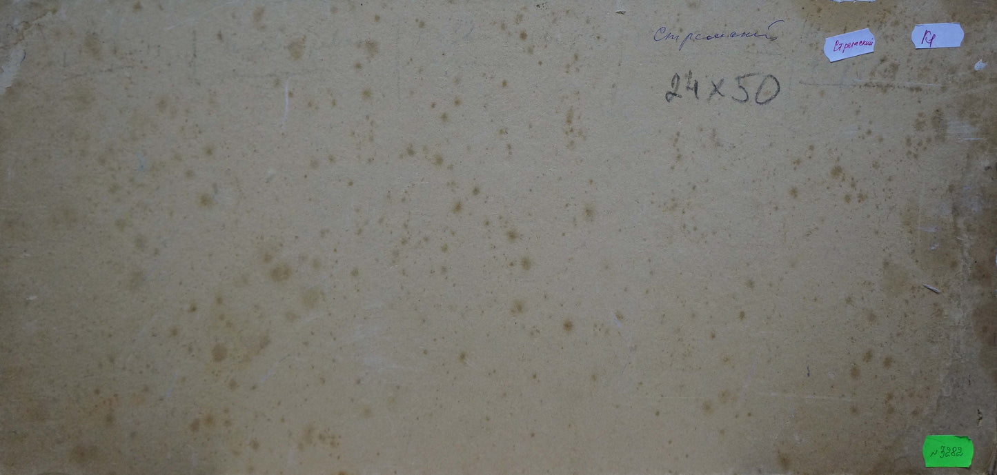 Back of oil painting It’s starting to rain by Stremsky Alexander Ivanovich, beige speckled surface with handwritten markings and labels