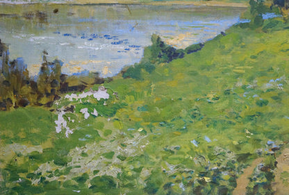 Oil painting by Turovetsky Leonid Markovich: impressionistic summer landscape with green field, white flowers, and distant water