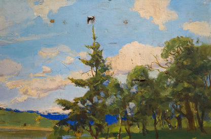 Vibrant impressionist oil painting by Turovetsky Leonid Markovich: lush pine tree, blue sky, clouds