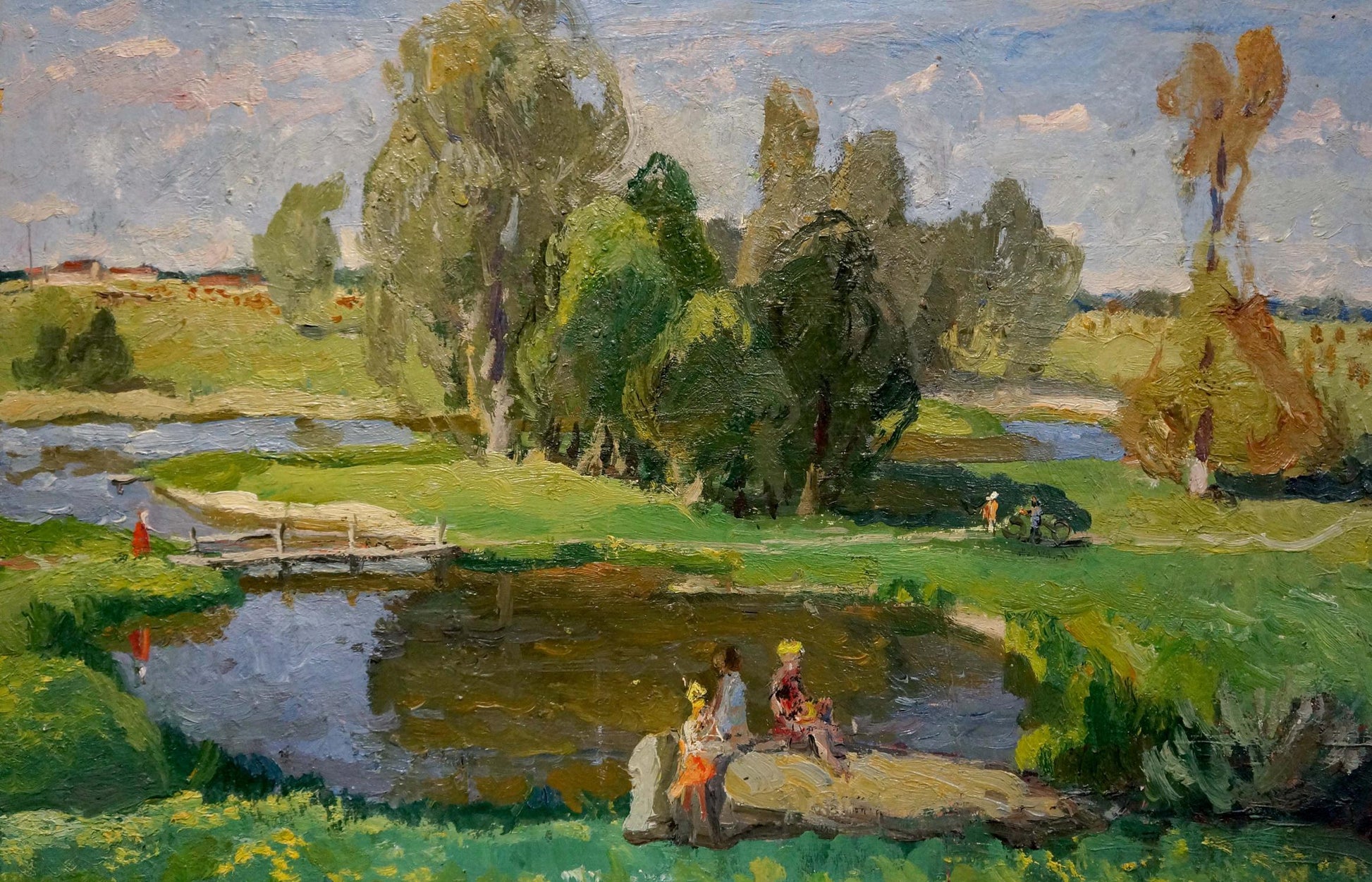 Serene oil painting of children at the pond with lush trees and river scene